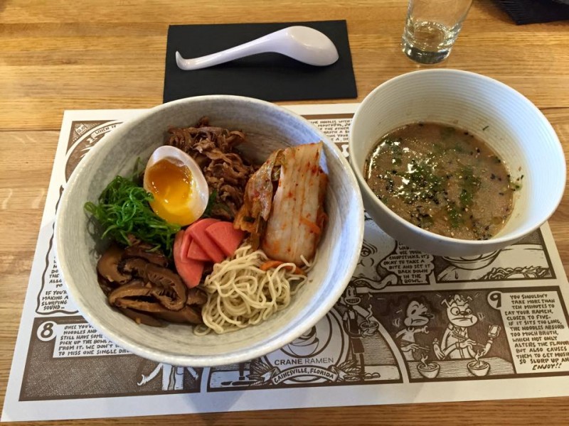 Shoyu Tsukemen, consisting of spicy pulled pork, shiitake pickle, kimchi and pickled watermelon radish. Available at Crane Ramen - 16 Southwest 1st Avenue, Gainesville, FL 32601. Photo courtesy of Crane Ramen's official Facebook.